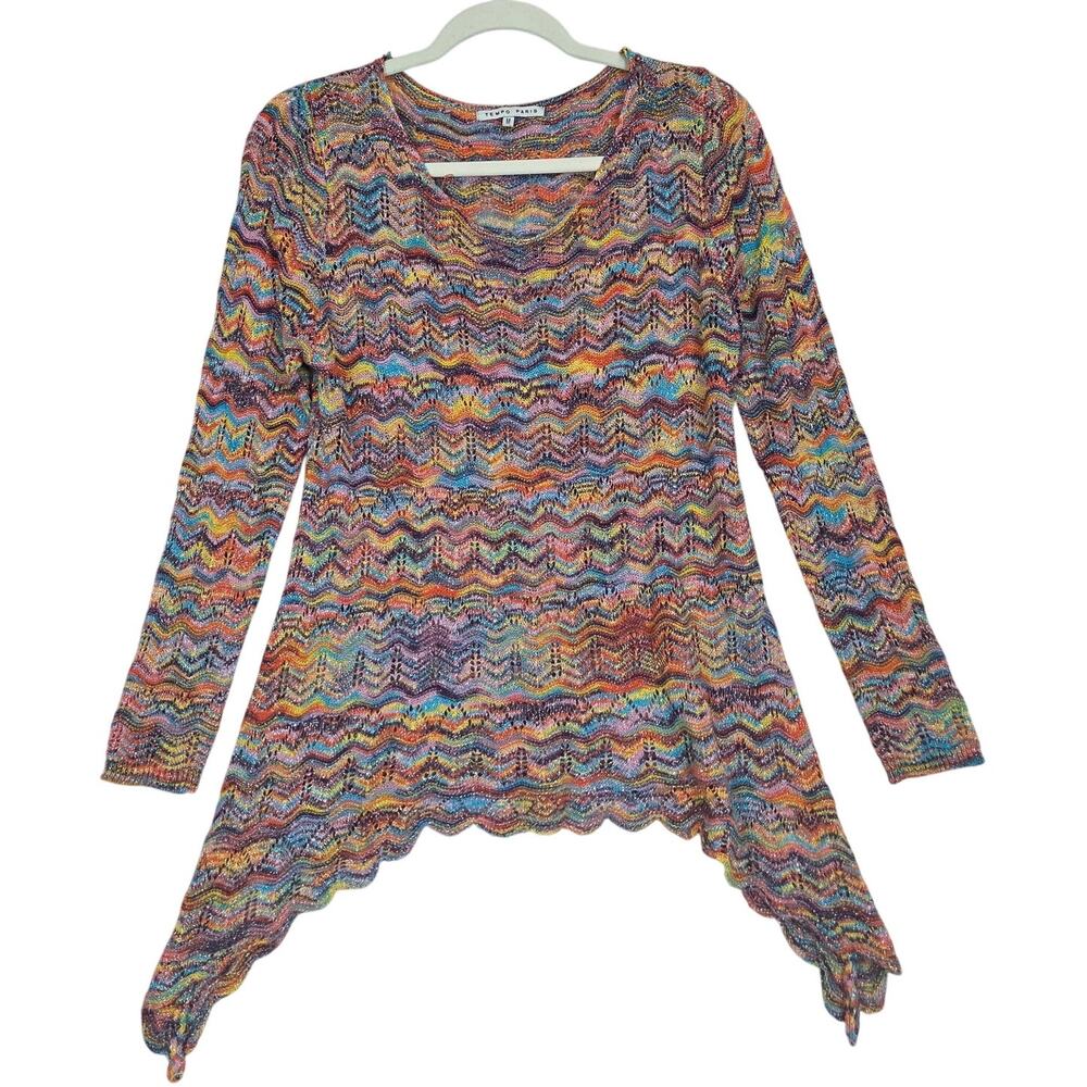 Spacedye Rainbow Sharkbite Hem Top M Lightweight Open Crochet Knit Artsy Vibrant